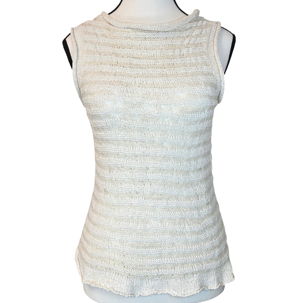 Theory Open Knit Sleeveless Sweater Top Womens M Cream Coastal Minimalist